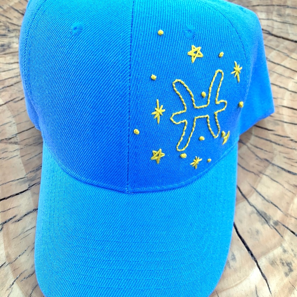 Cute Hand Embroidered Pisces Blue Hat